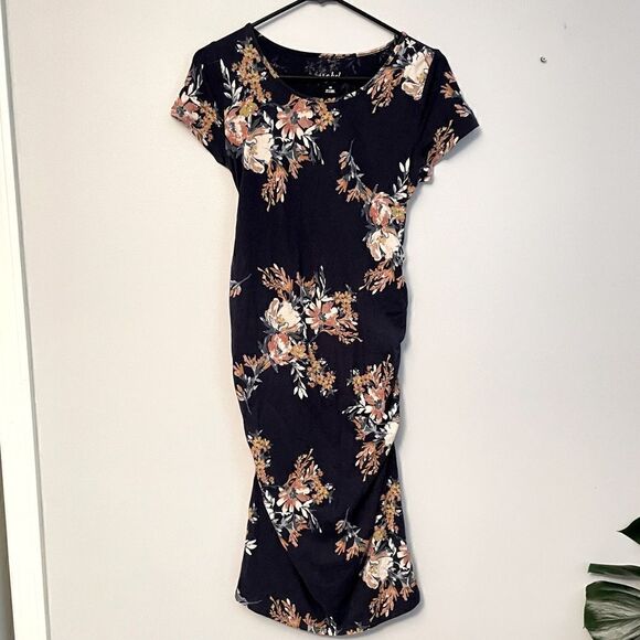 Isabel Maternity by Ingrid & Isabel Dresses & Skirts - Navy Floral Short Sleeve T-Shirt Ruched Side Midi Maternity Dress - XS